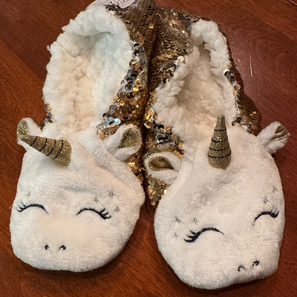 Gold and White sequined Unicorn Slipper socks